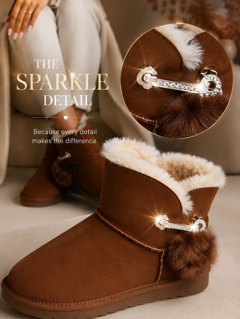 Chestnut Pom-Pom Faux Shearling Lined Booties